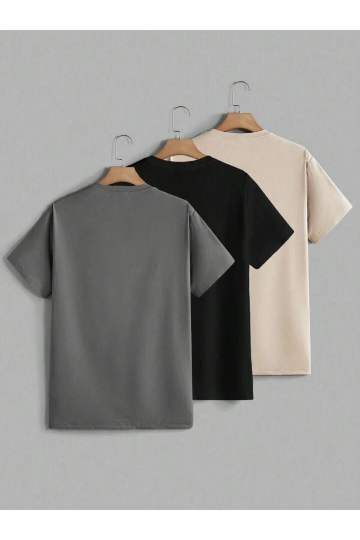 3'lu bej siyah ve fume oversize unisex tişört