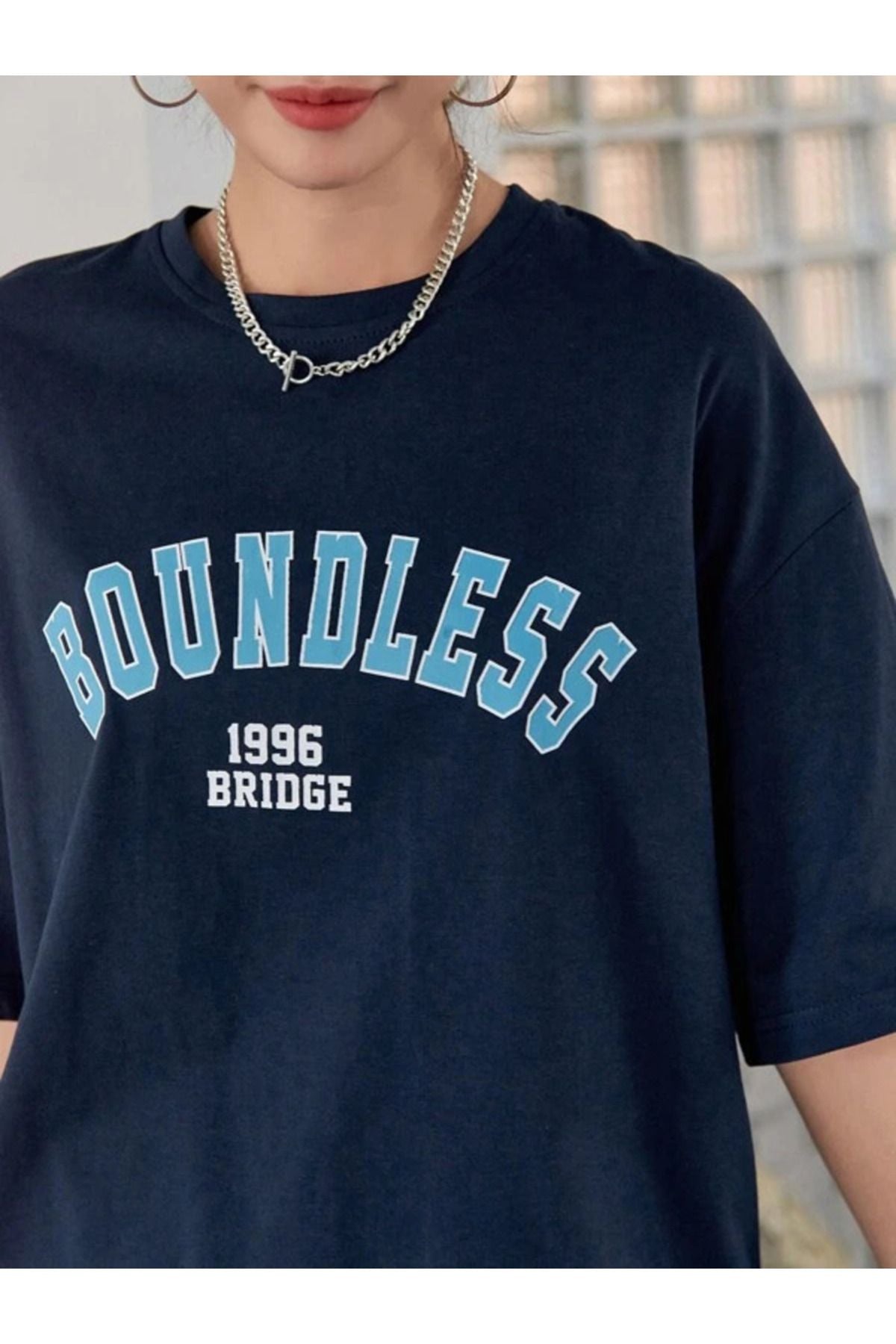 boundless baskılı lacivert Oversize T-shirt