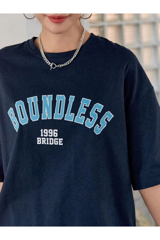 boundless baskılı lacivert Oversize T-shirt