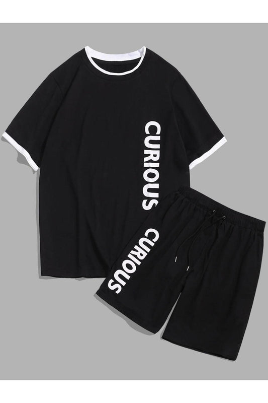 unisex beyaz biyeli curious baskılı siyah şortlu takım