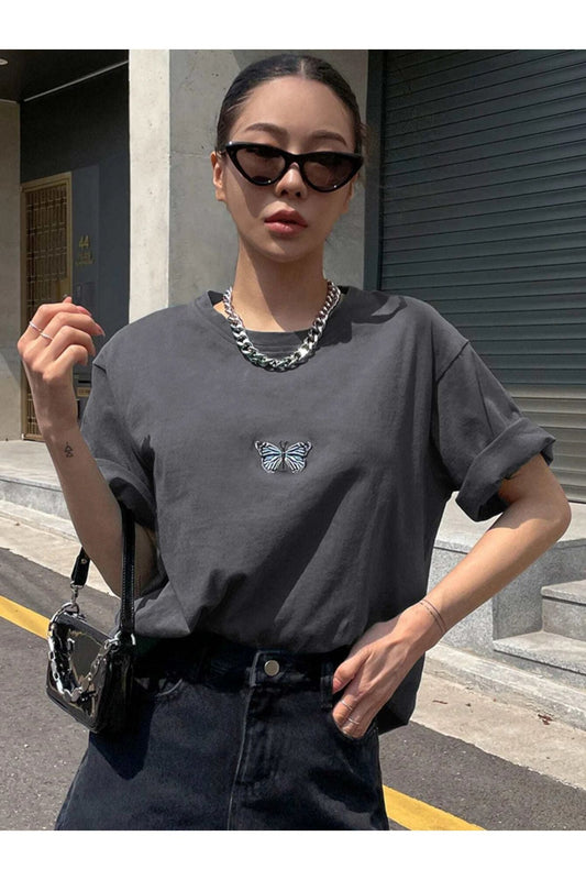 fume mavikelebek baskılı oversize tshirt