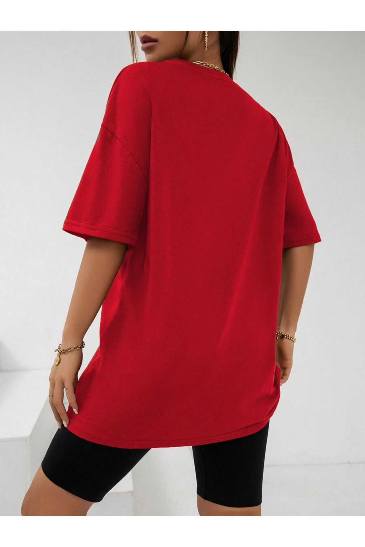 yan kalp baskılı kırmızı unisex Oversize T-shirt