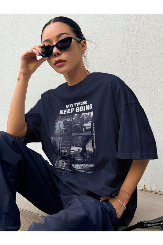 lacivert keep going baskılı unisex Oversize T-shirt