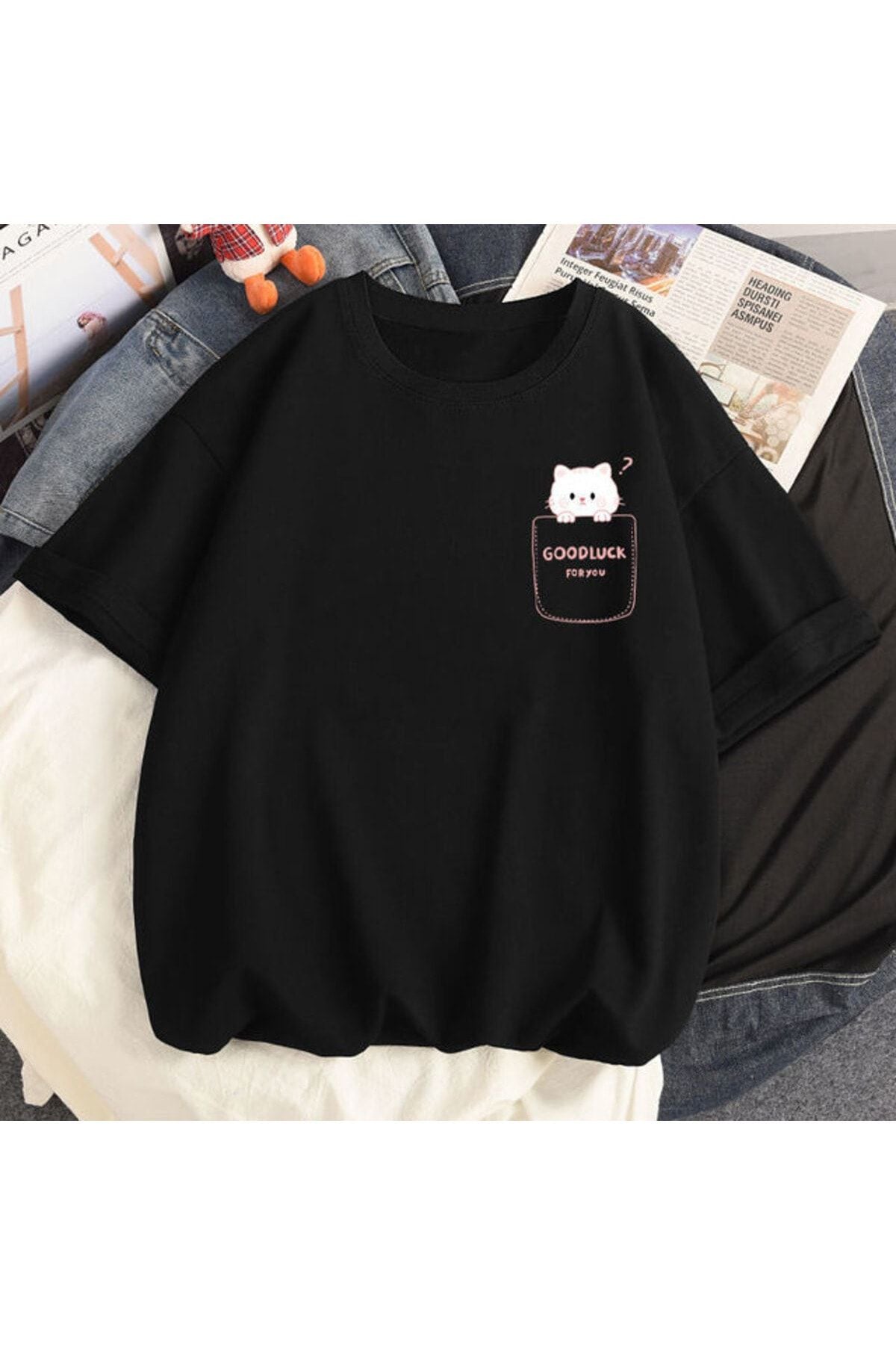 schwarzes Oversize-T-Shirt mit „Good Luck“-Aufdruck