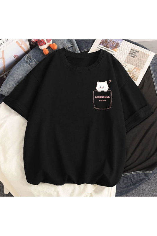 siyah good luck baskılı Oversize T-shirt