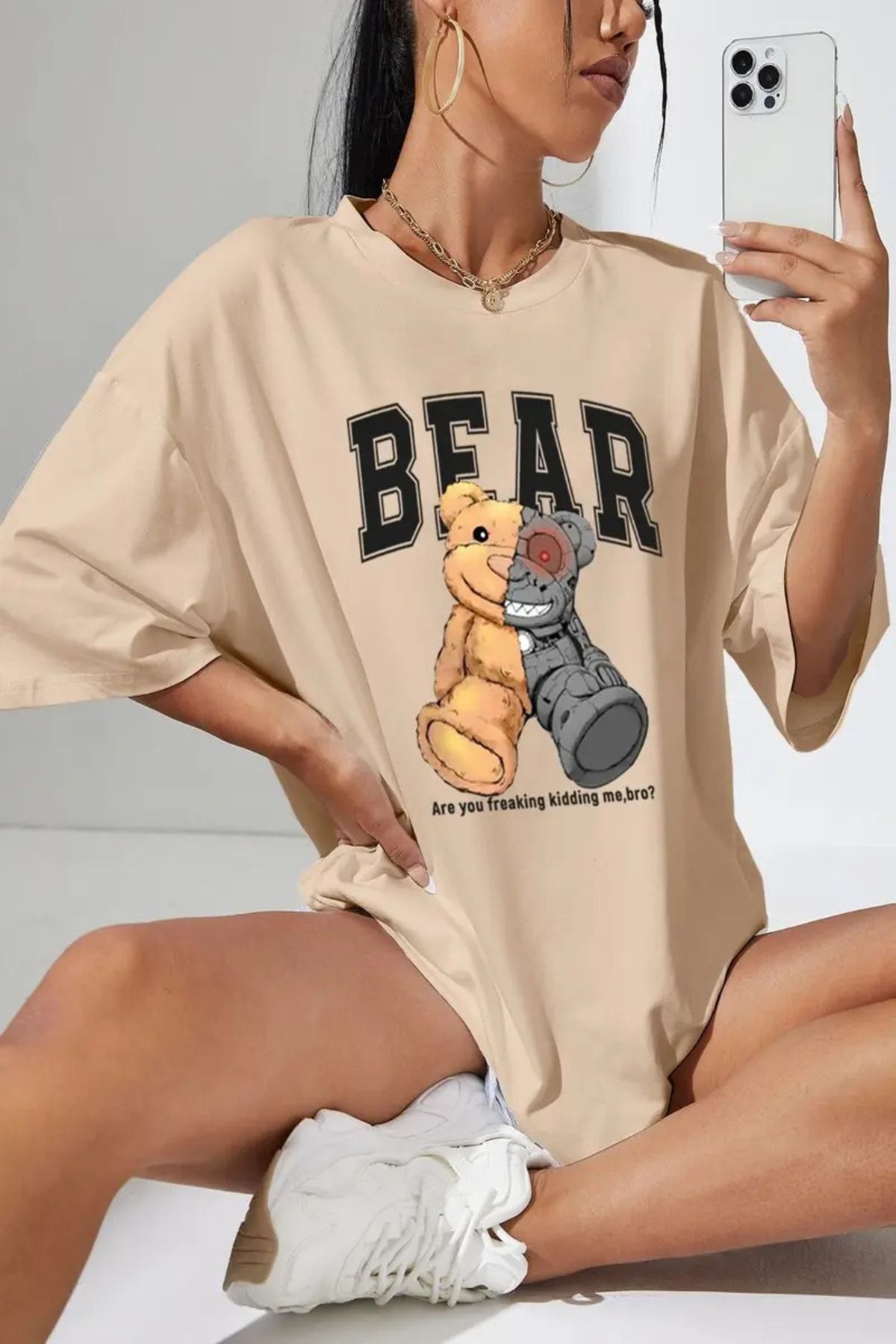 Robobear Baskılı Oversize Bej T-shirt