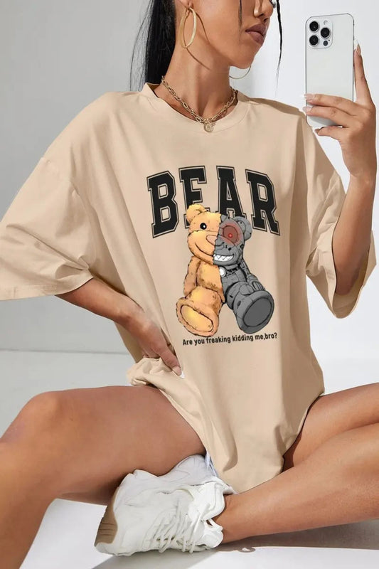Robobear Baskılı Oversize Bej T-shirt