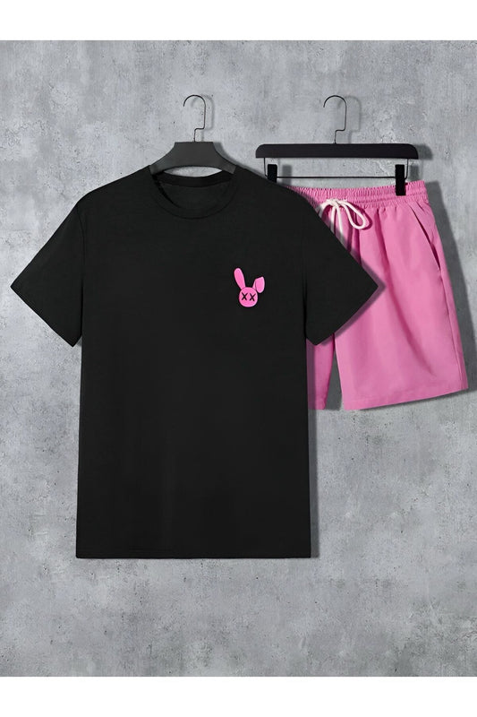 tavşan baskılı siyah tişort pembe şortlu alt ust takım