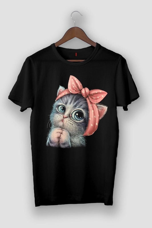 Oversize Kadın Siyah Sevimli Minik Kedi Baskılı T-shirt