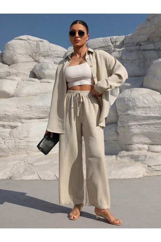 kadın bej keten gömlek pantalon alt-ust takım