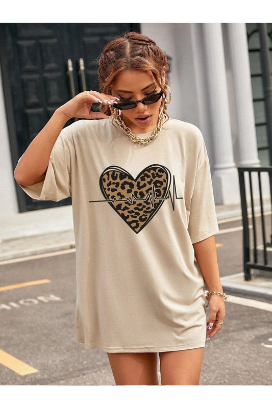 Leopar Baskılı Bej Oversize T-shirt