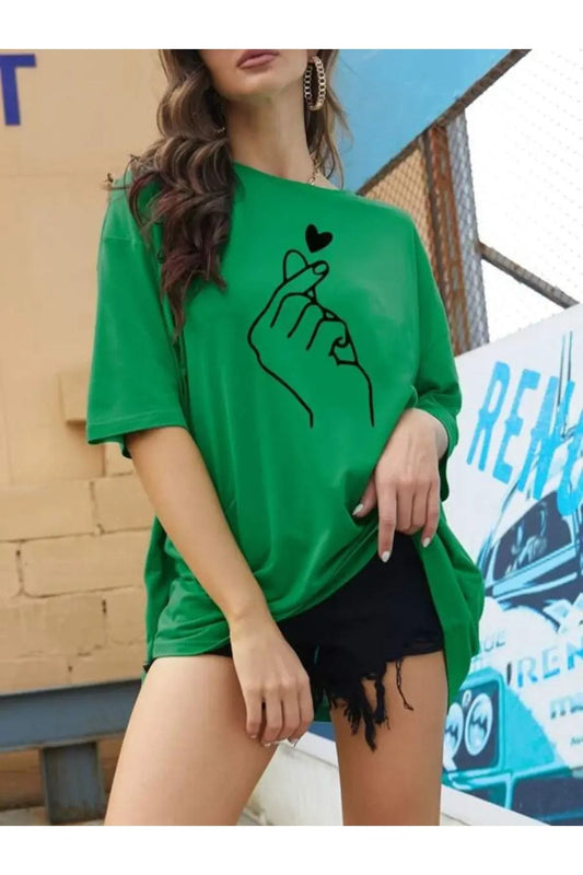 Yeşil Kalp Baskılı Oversize T-shirt