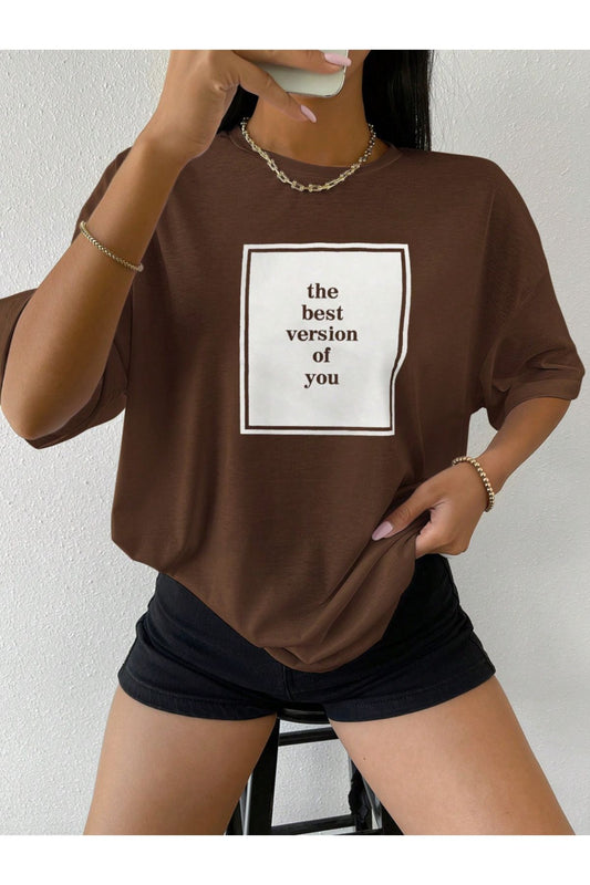 thebest baskılı kahverengi oversize tişort