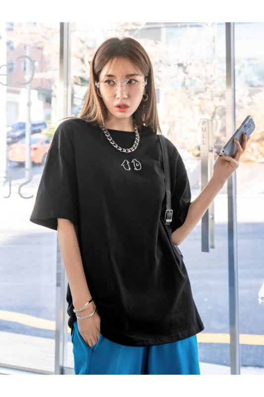 penguen baskılı siyah oversize tshirt