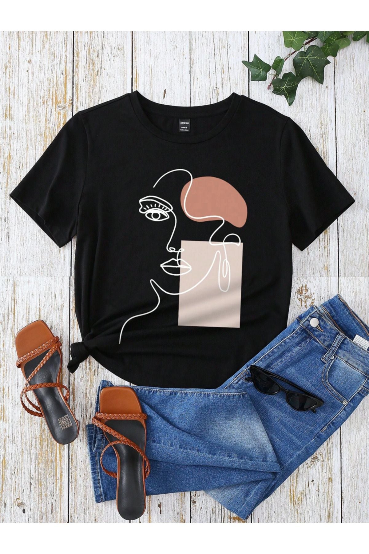 yuz baskılı siyah penye tshirt