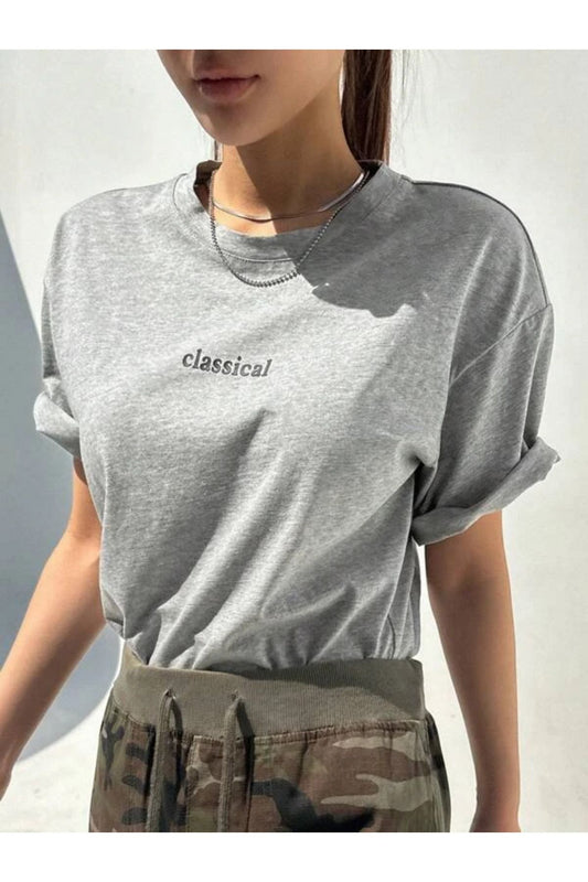 gri classical baskılı oversize tişort