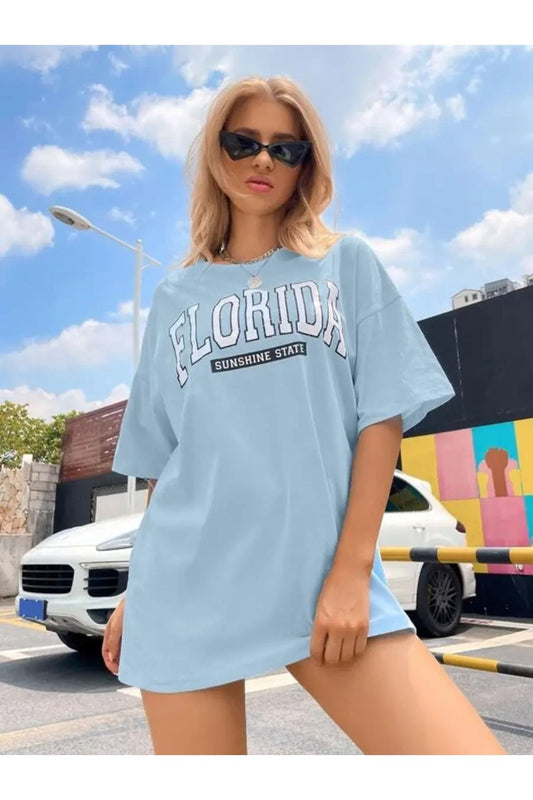 Florida Baskılı Mavi Oversize T-shirt