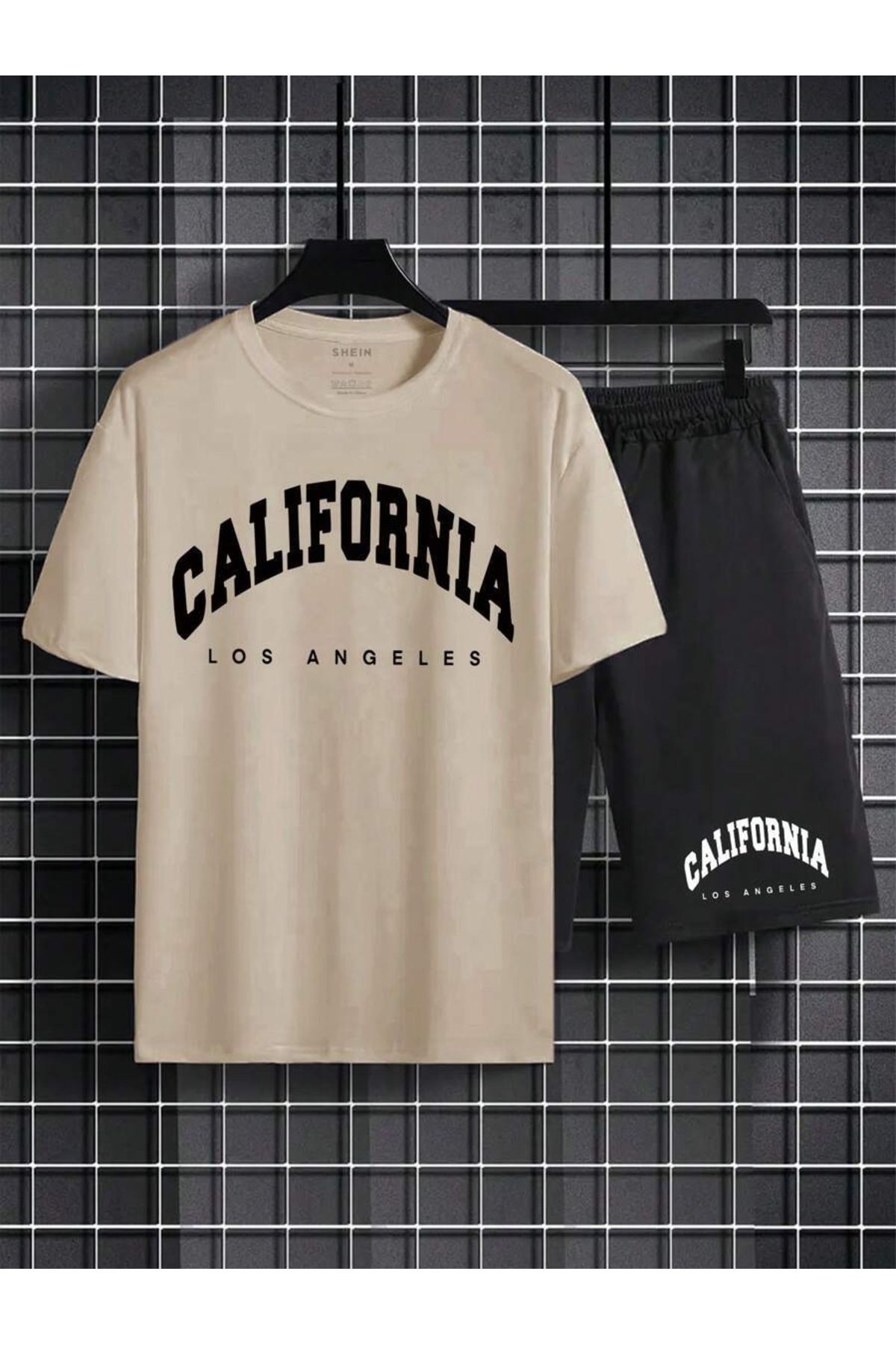 bej tişortlu california baskılı alt ust şortlu oversize takım