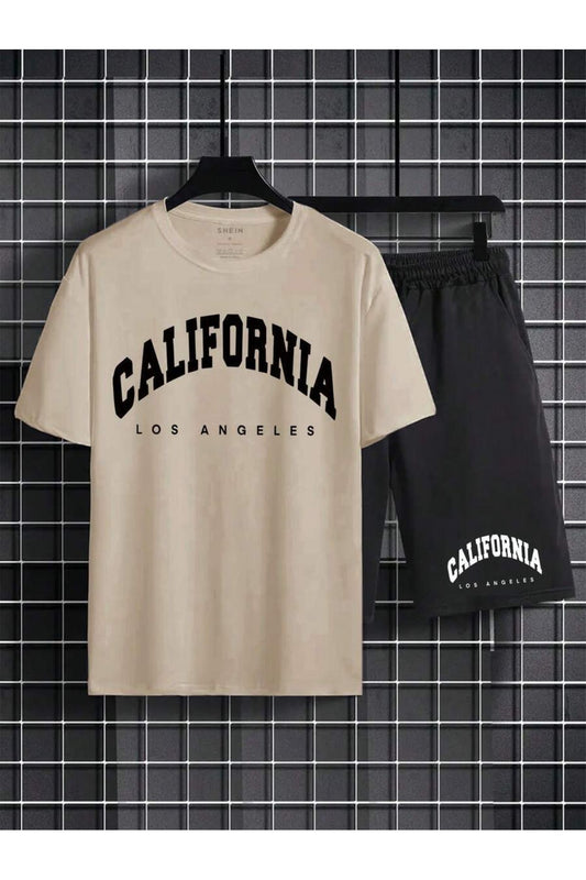 bej tişortlu california baskılı alt ust şortlu oversize takım