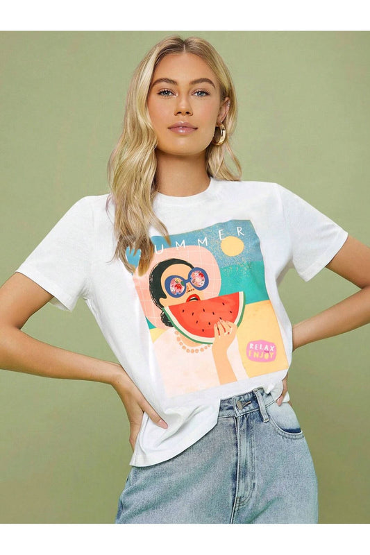 summer baskılı beyaz Oversize T-shirt