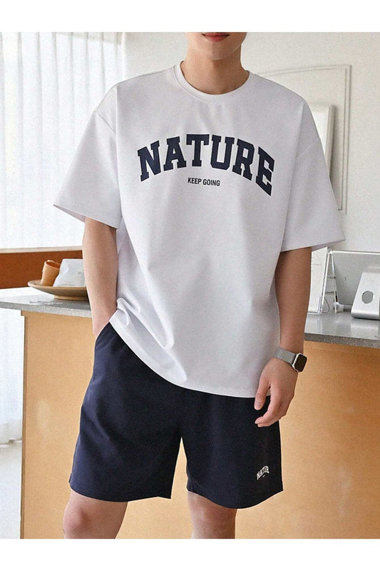 unisex nature baskılı beyaz lacivert şortlu takım