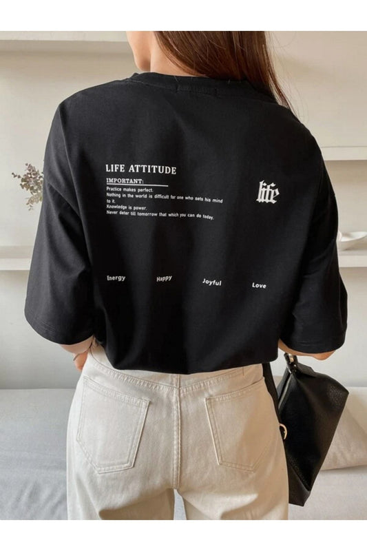 Life Baskılı Siyah Oversize T-shirt