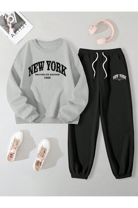 newyork baskılı bisiklet yaka gri&siyah unisex alt ust takım
