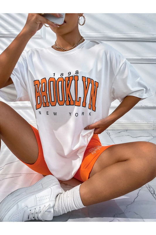 Broklyn Baskılı Beyaz Tişort