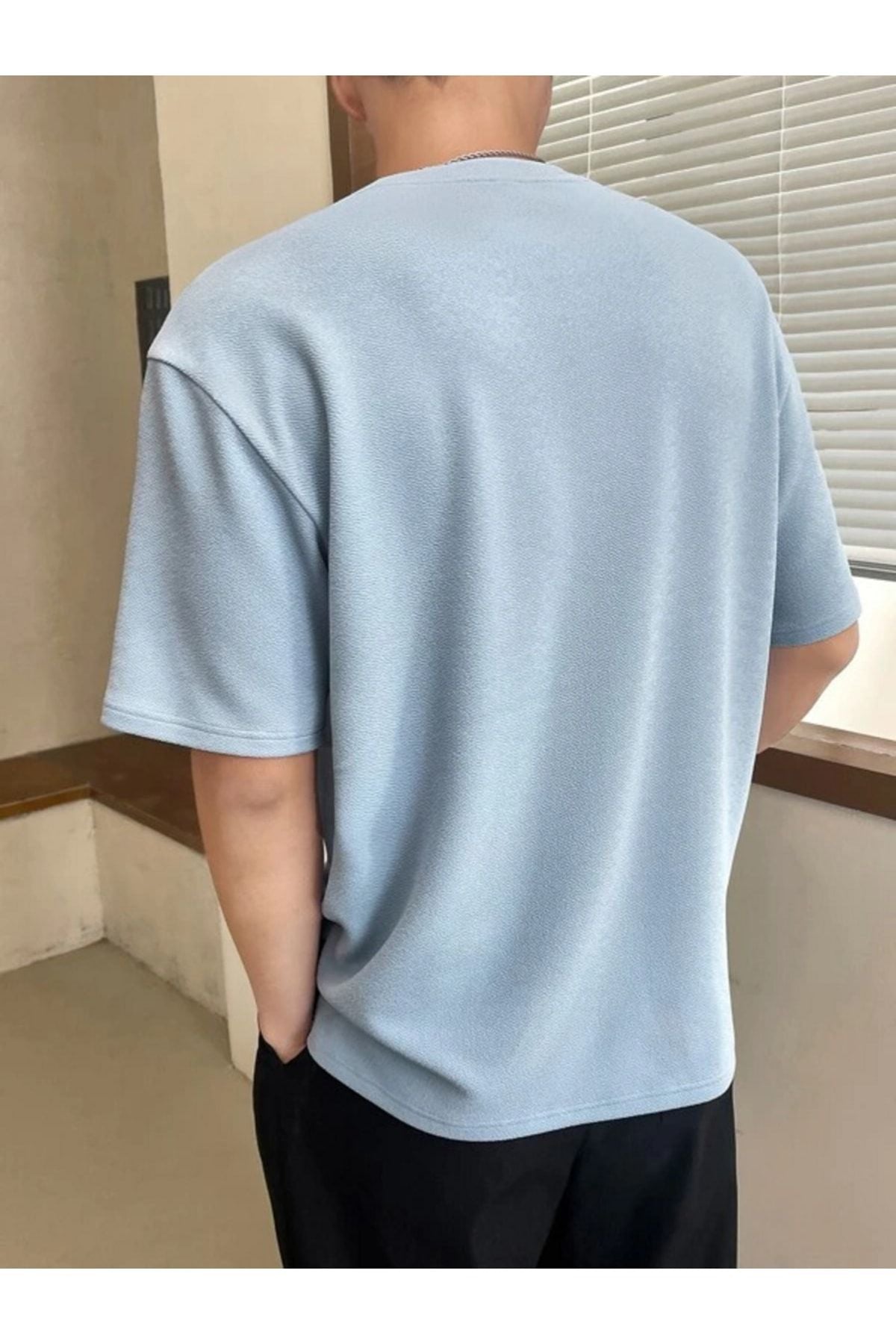 Duz Mavi Erkek Oversize T-shirt